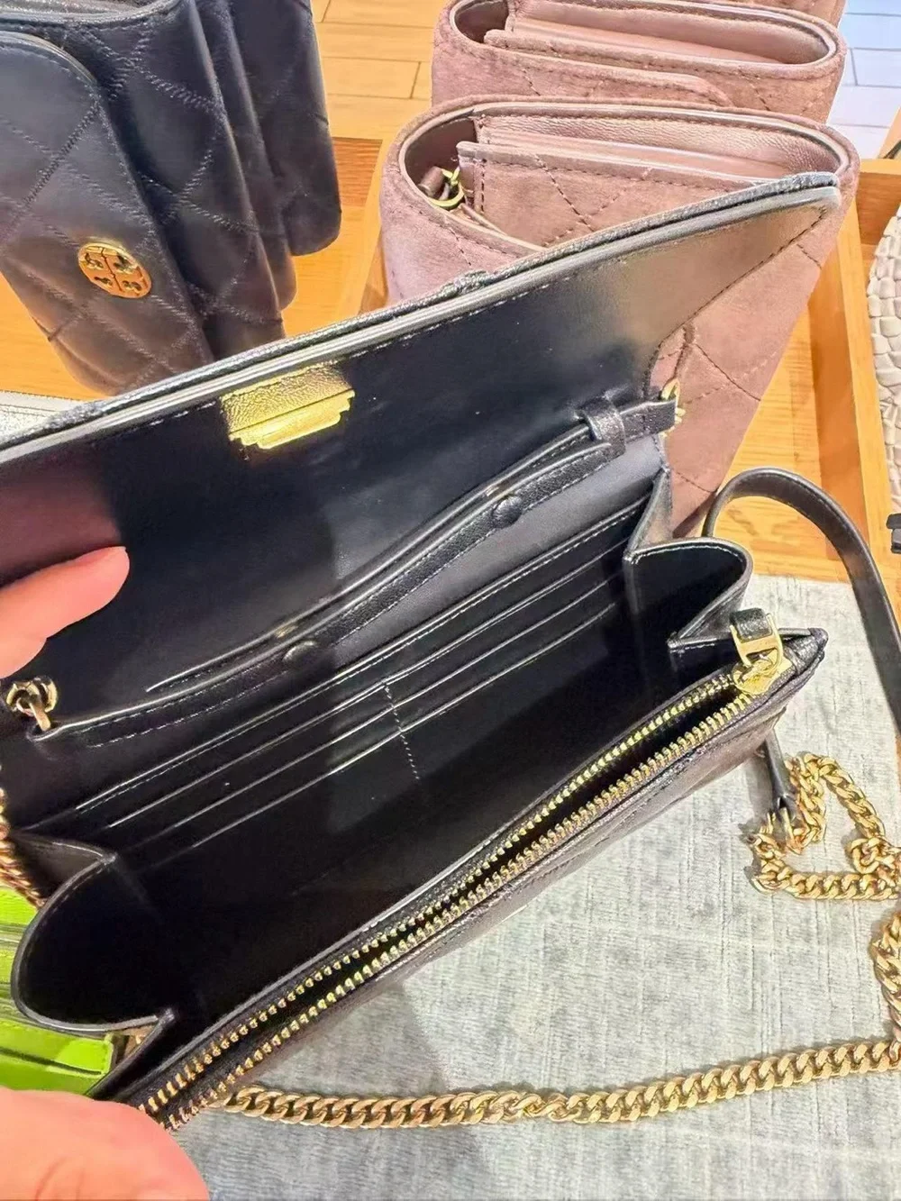 NWT Tory Burch Quilted Black Leather Clutch with Gold Logo